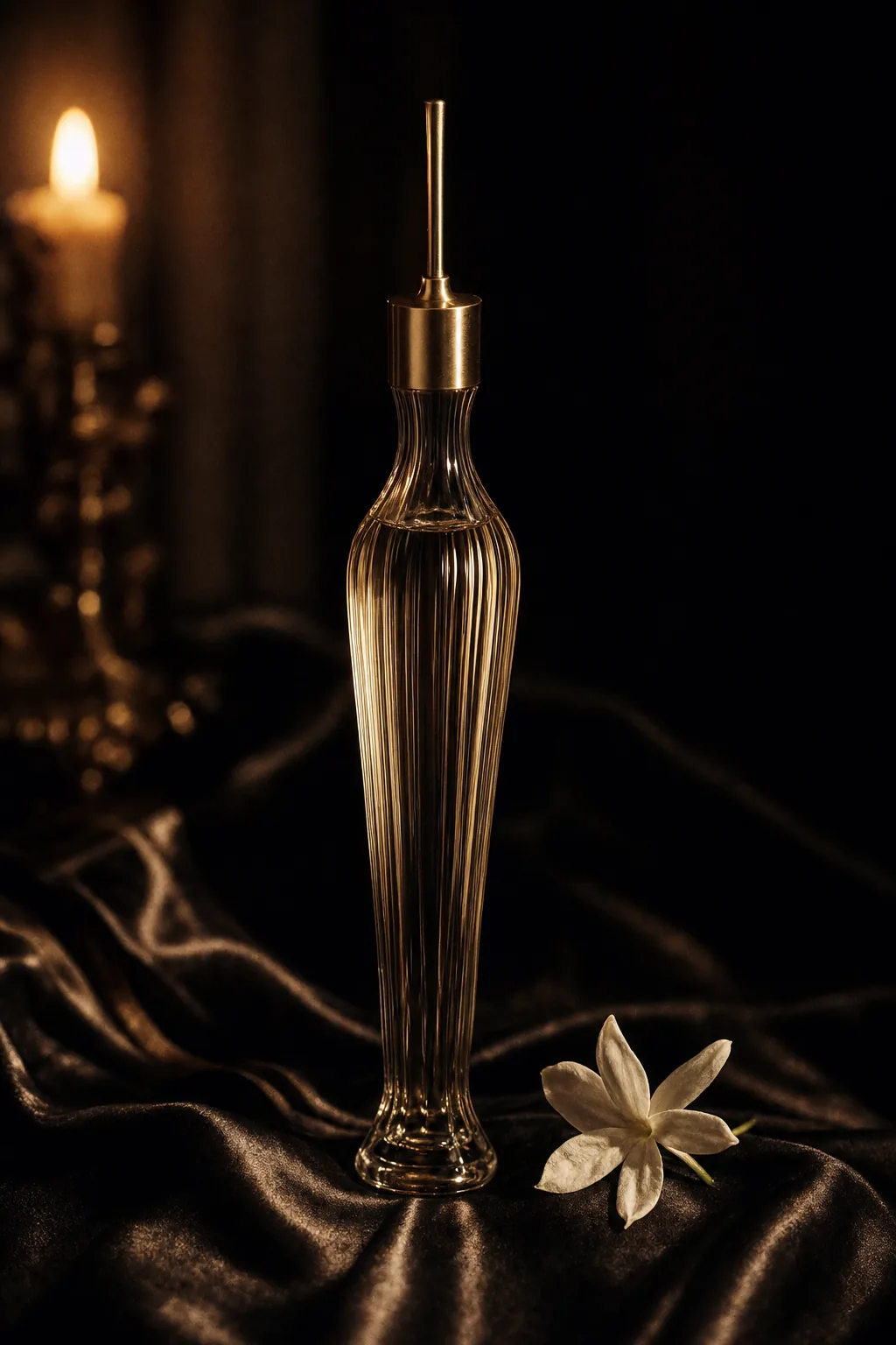 Flacon cannelé élancé au col doré, une fleur de jasmin posée sur la soie noire