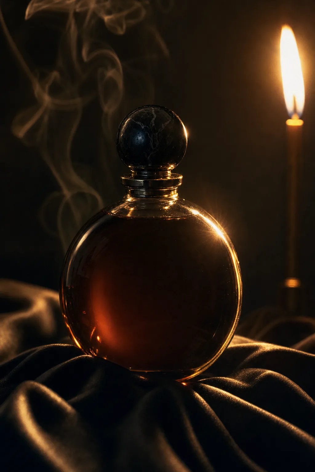Flacon sphérique en verre fumé au bouchon d'onyx, une volute de fumée derrière lui