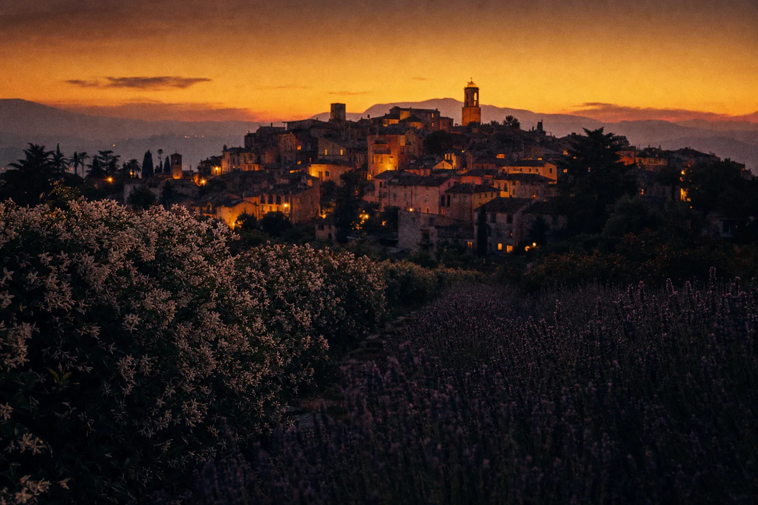 La ville de Grasse au crépuscule, vue depuis les champs de jasmin et de lavande