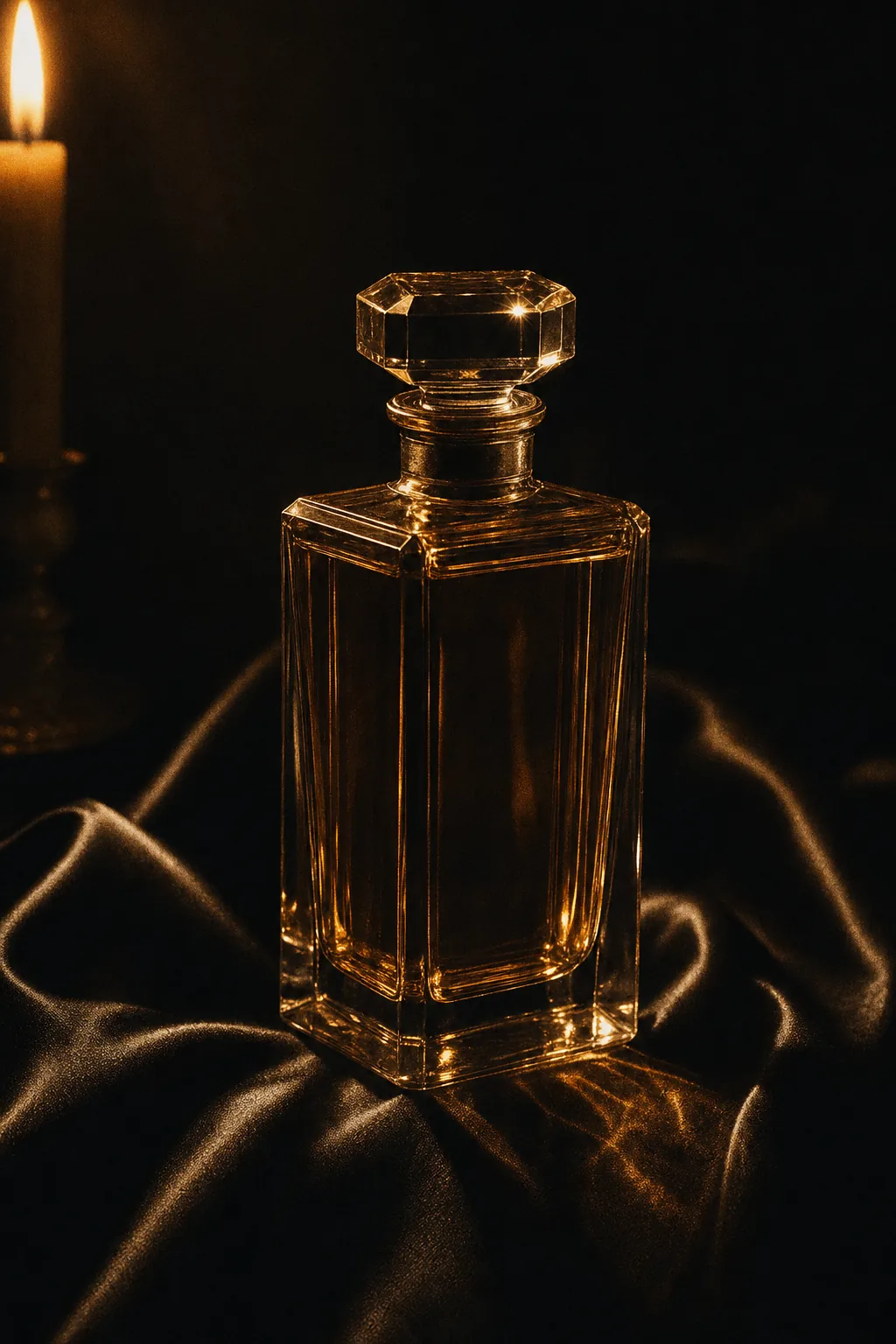 Flacon de parfum en cristal empli d'or liquide, posé sur de la soie noire, éclairé à la bougie