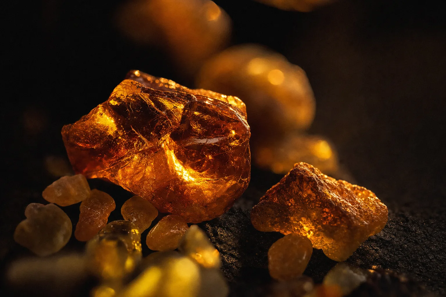 Gros plan de morceaux d'ambre fossile et de larmes d'encens, rétro-éclairés à la bougie